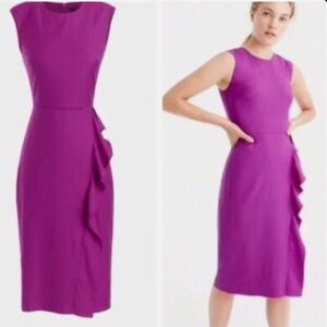 J Crew Super 120 Wool Sheath Dress In Bright Magenta Ruffle Detail Size 2 G8320